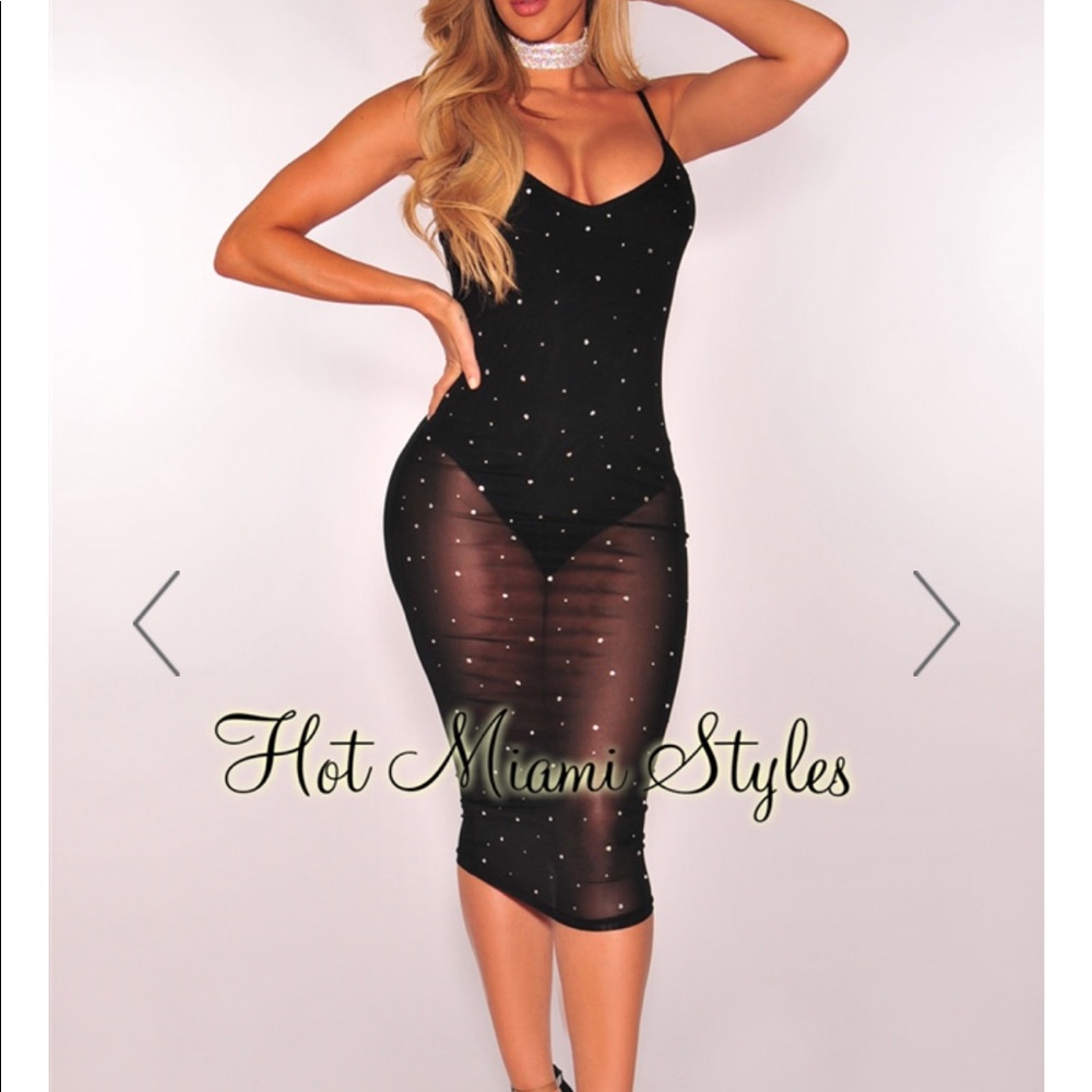 Hot Miami Styles Mesh Rhinestone Dress Size: Large
